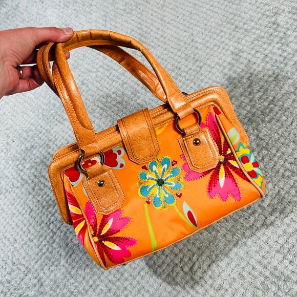 Vtg Y2K Orange Faux Leather Colorful Floral Beaded Sequin Sparkly Girly Handbag - Picture 1 of 6